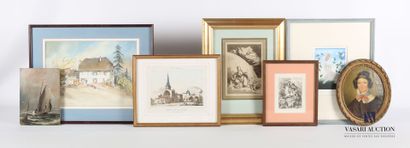 null Lot of seven framed pieces including : 

- UZECH - The butterfly - aquatint...