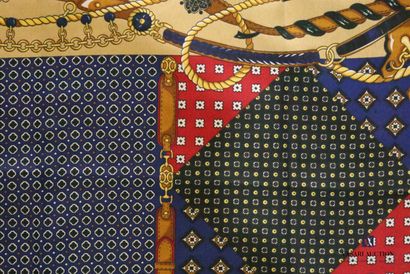 null Two unmarked silk squares decorated with harness and patchwork of colored fabrics...