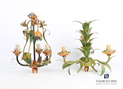 null Two chandeliers in polychrome painted metal, one with three arms of light decorated...