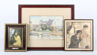 null Lot including a framed watercolor by F.Goalec - View of the quays - Signed and...
