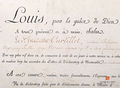 null Lettre de déclaration de naturalité, parchemin 49 x 35 cm avec sceau, dans son...