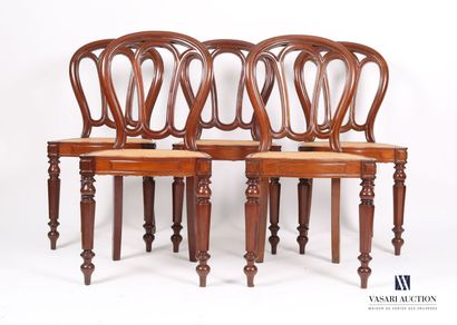 null Suite of five chairs in molded natural wood, the back balloon openwork of three...