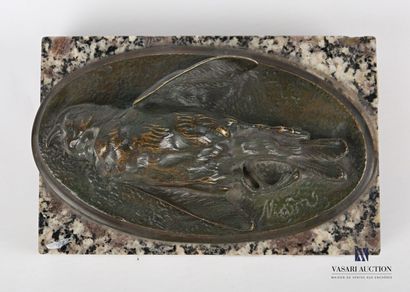 null Subject in bronze with brown patina representing a dead bird on an oval board....