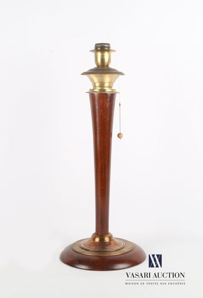 null Wood, copper and brass lamp stand on a round base, the conical shaft.

Carries...