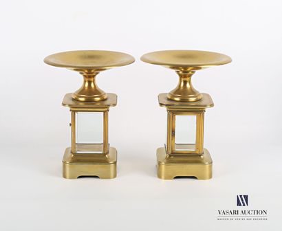 null Pair of bronze and brass cassolettes, the glazed shaft with square section opens...