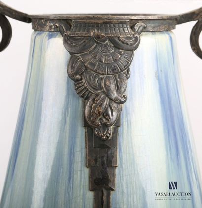 null Pair of large oblong vases decorated with drips in shades of blue, the hammered...