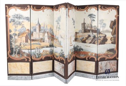 null Wooden and canvas screen with six leaves decorated with a castle in a lake landscape...