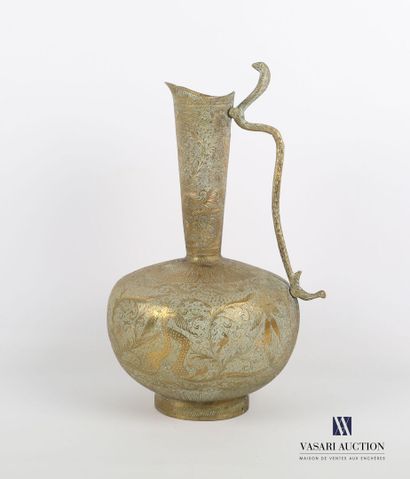 null Bronze ewer standing on a frame, the body of spherical form decorated with dancing...