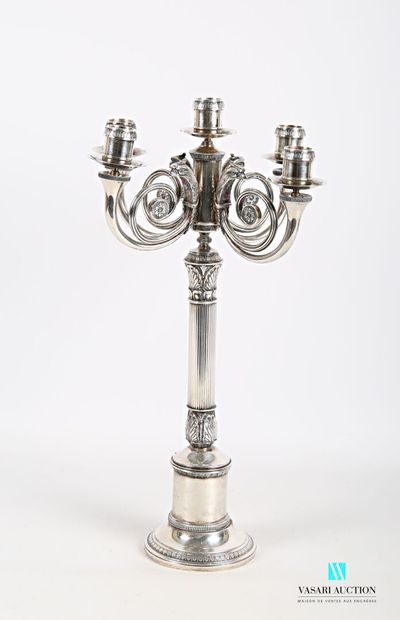 null 
Candelabra with five lights out of silver plated metal posing on a round base...