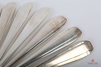 null Suite of eleven silver plated teaspoons, the handle with band finished by geometrical...