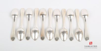 null Suite of eleven silver plated teaspoons, the handle with band finished by geometrical...