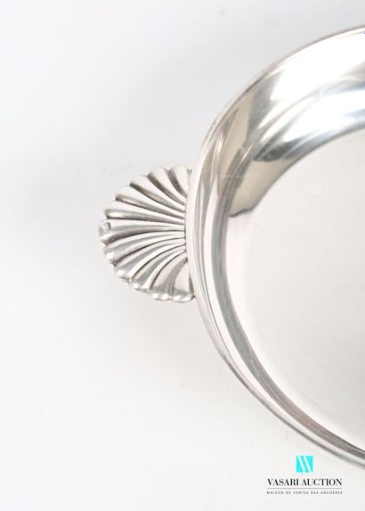 null A round silver bouillon on a flat base, the body plain, the border hemmed with...