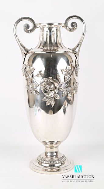 null Large vase of amphora form out of silver plated metal, the collar with decoration...