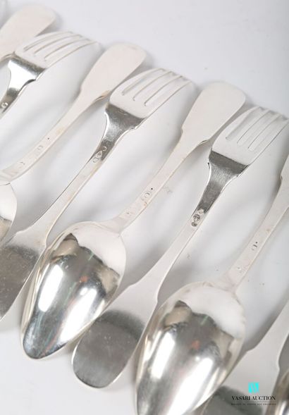 null Six silver cutlery 800 thousandth (1819-1838), the handle uniplat.

Weight :...