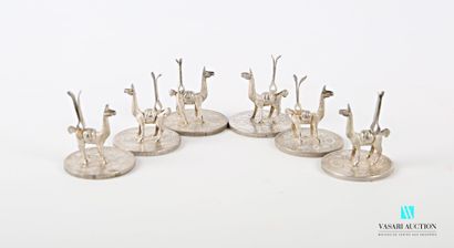 null Suite of six silver menu holders featuring llamas posing on a piece of one floor.

Height...