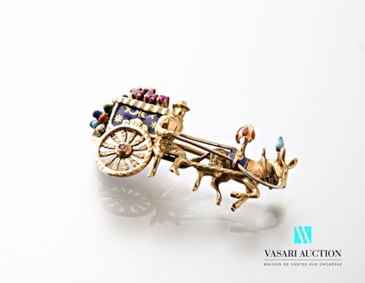 null Brooch in yellow gold 750 thousandths "Cart drawn by a donkey", enamelled polychrome...