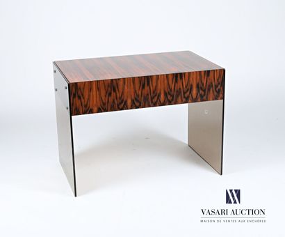 null Rectangular console in rosewood veneer on two vertical plates in smoked glass.
Height...