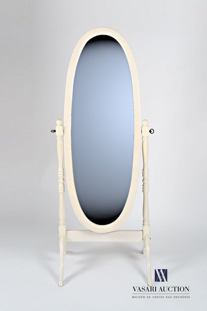 null Mirror psyche in natural wood turned white lacquered, it presents an oval mirror...
