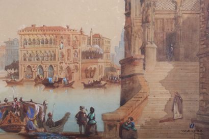 null Lot de pièces encadrées comprenant une reproduction figurant une vue de Venise...