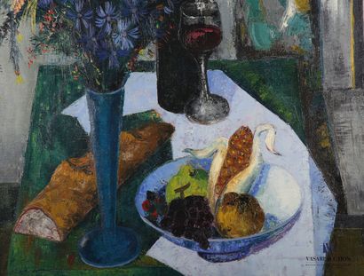 null COURTIN Émile (1923-1997)
Still life with a bouquet of field flowers, bread...