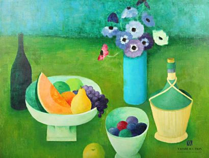 null COURTIN Émile (1923-1997)
Still life with straw bottle, anemones and fruit dish...