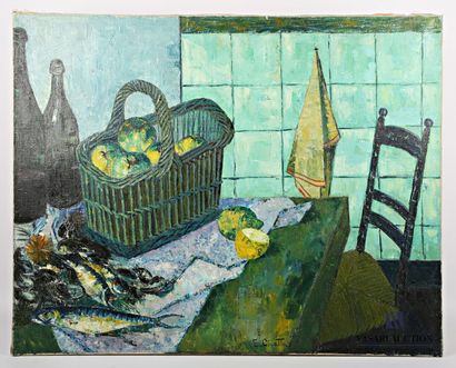null COURTIN Émile (1923-1997)
Still life with a basket of apples, fish and bottles...