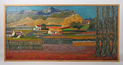 null COURTIN Émile (1923-1997)
Landscape of fields and mountains with barriers
Oil...