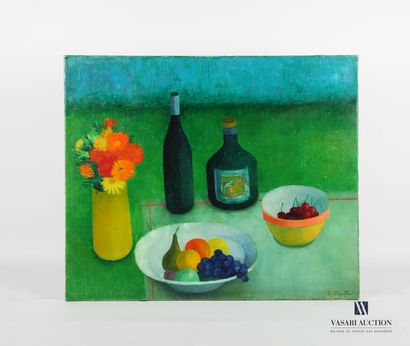 null COURTIN Émile (1923-1997)
Small bouquet and plate of fruits with two bottles...