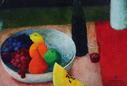 null COURTIN Émile (1923-1997)
Fruit plate and black bottle - 1982
Oil on canvas
Signed...