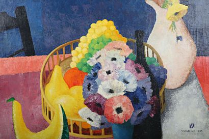 null COURTIN Émile (1923-1997)
Still life with blue/purple anemones, white jug with...