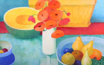 null COURTIN Émile (1923-1997)
Still life with basket, poppies and fruit plates -...