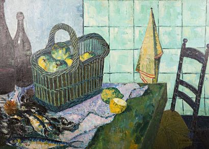null COURTIN Émile (1923-1997)
Still life with a basket of apples, fish and bottles...