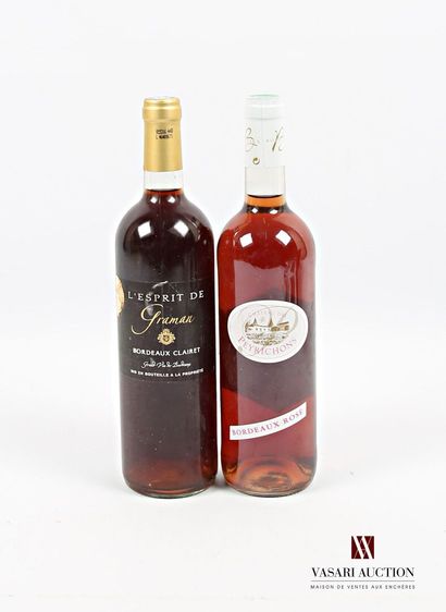 null Lot of 2 bottles including :
1 bottle Château des PEYRICHONS Bordeaux rosé 2013
1...