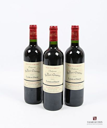 null 3 bottles Château BELLES-GRAVES Lalande de Pomerol 2005
	Impeccable presentation...