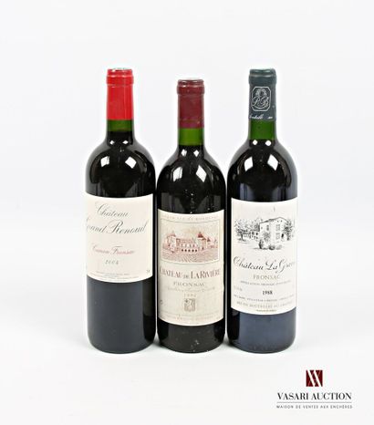 null Lot of 3 bottles including :
1 bottle Château GRAND RENOUIL Canon-Fronsac 2004
1...