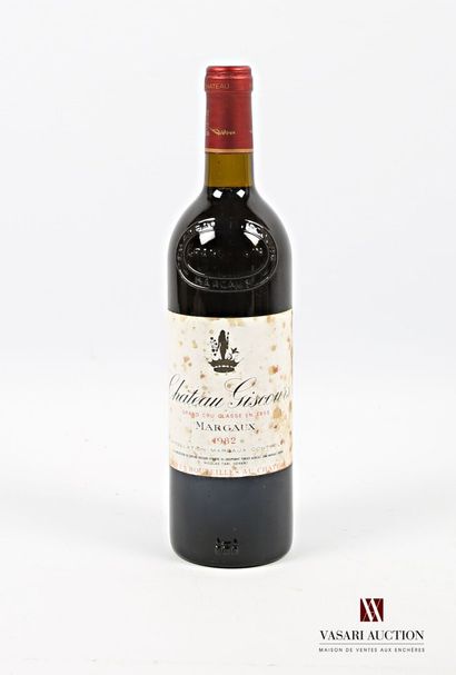 null 1 bouteille	Château GISCOURS	Margaux GCC	1982
	Et. tachée. N : bas goulot.	...