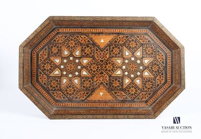 null Hollow tray of octagonal form out of wooden and marquetry of wood with inlay...