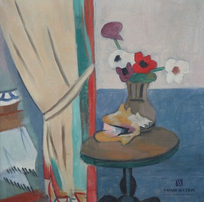 null VAN DER BEEK
Interior view with vase, pedestal table and curtain
Oil on canvas
Signed...