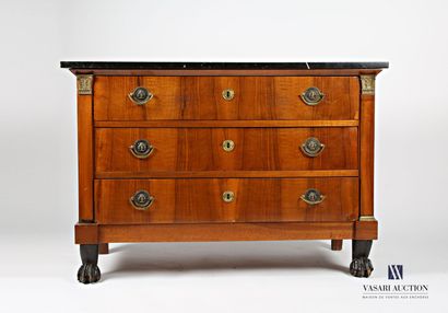null Chest of drawers in natural wood and wood veneer, it is topped with a black...