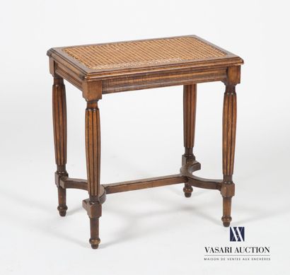 null Stool in molded natural wood, the rectangular seat is darkened by a caning,...