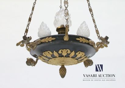 null Bronze and green lacquered metal chandelier in the form of a disc with a leafy...