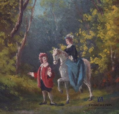 null French school of the 19th century
Gallant scene with a rider in the forest
Oil...