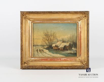 null École Française du début du XXème siècle 
Scène de chaumière en hiver 
Huile...