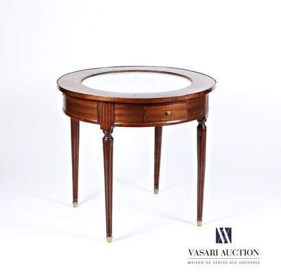null Pedestal table in molded natural wood and veneer, the tray of round shape darkened...