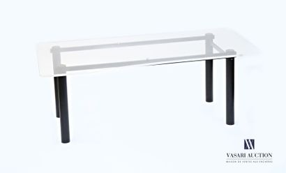 null Desk standing on four tubular legs in black lacquered metal joined by spacers,...