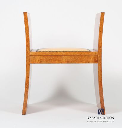 null Stool in burr veneer, the rectangular seat is darkened with a beige leather...