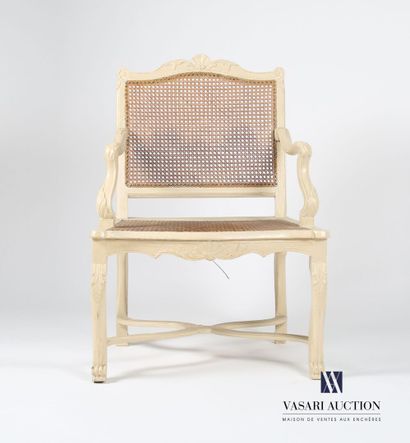 null Armchair in molded natural wood, carved and relacquered cream, the straight...