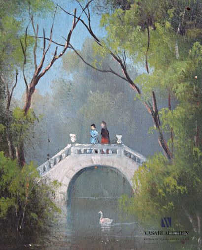 null Ecole Française du XIXème siècle 
Romance sur le pont - Femme devant le lac
Paire...