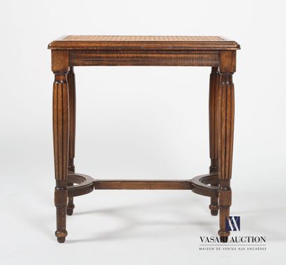 null Stool in molded natural wood, the rectangular seat is darkened by a caning,...