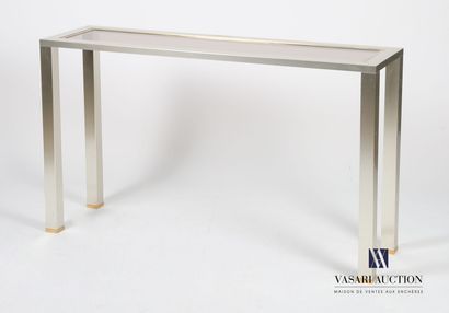 null Brushed metal console of rectangular shape, the darkened top of a smoked glass...
